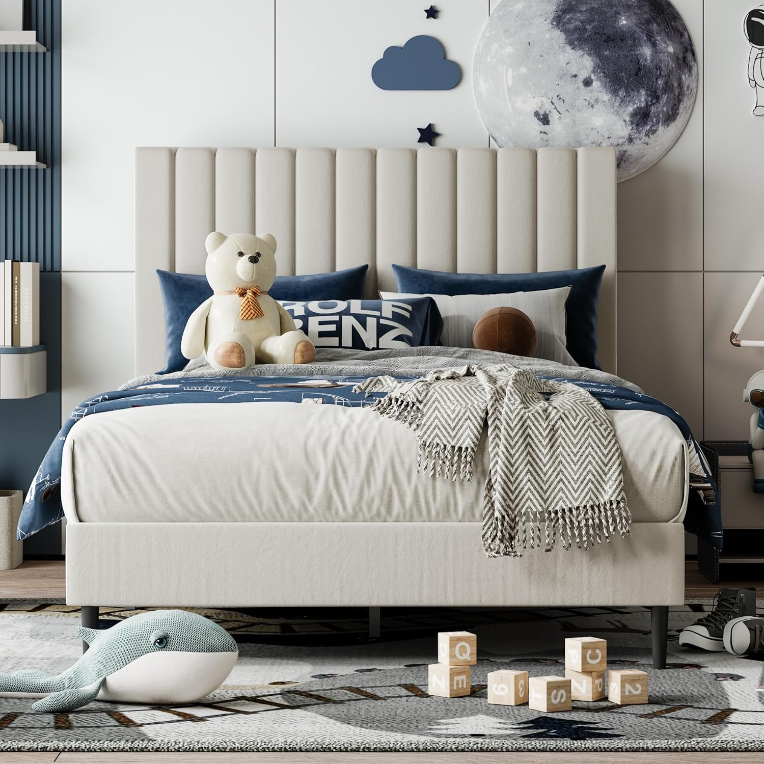 Twin Size Bed Frame with Upholstered Headboard, Velvet Platform Bed Frame, Sturdy Wood Slats, Noiseless, No Springs Required, Easy to Assemble, Beige