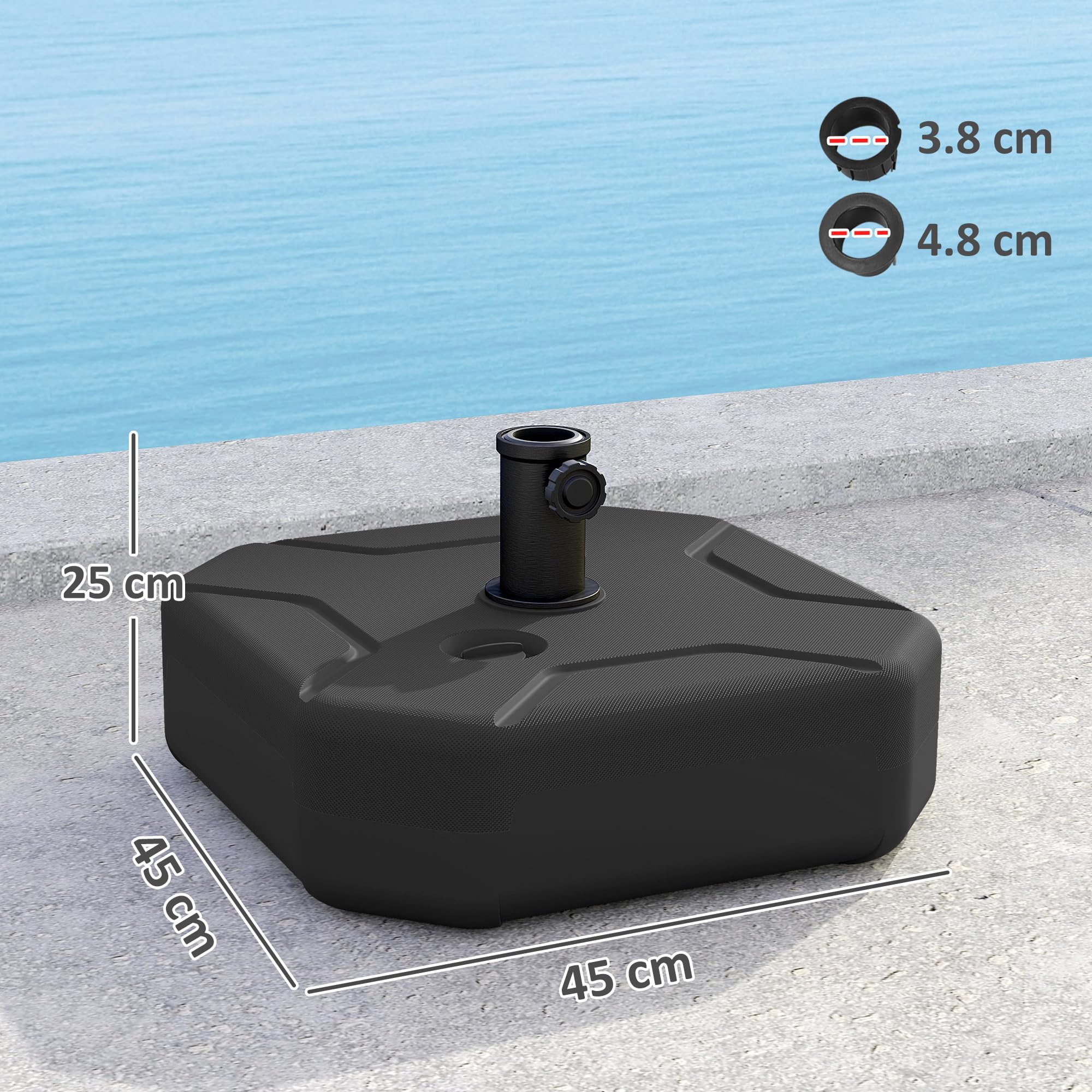 Outsunny Base per Ombrellone Quadrata, Supporto Pesante per Ombrelloni da Esterno, Riempibile con Sabbia Fino a 25kg o con Acqua Fino a 20kg, per Giardino, Piscina, Nero