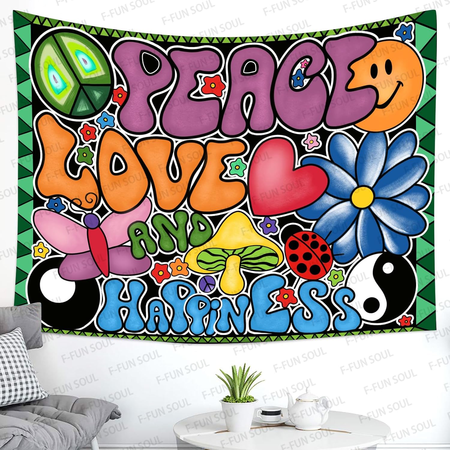 F-FUN SOUL Peace Love and Happiness Tapestry, 100x90inches Soft Flannel, Mushroom Psychedelic Tapestries 70s Theme Tapestry Wall Hanging for Bedroom Living Room Decor GTZYFS1339