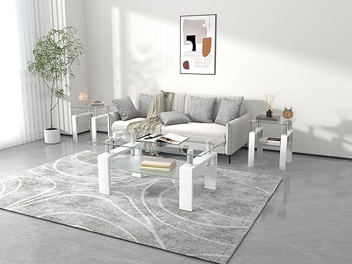 Miniatura 5 de IANIYA Juego de mesa de 3 piezas para sala de estar, moderno juego de mesa auxiliar de vidrio templado, mesa auxiliar de vidrio con marco de metal