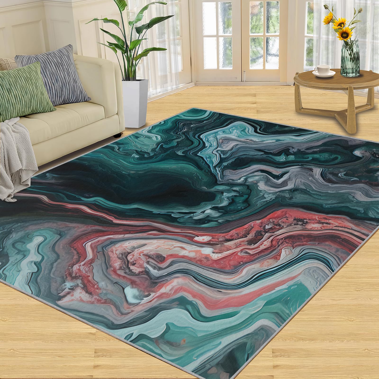 QDJKBL Emerald Turquoise Green Marble, Area Rugs 180 X 270 Cm European Style Watercolor Curved Ripple Stripes Large Area Rug, Shock Absorption Carpet Soft Texture for Bedroom Living Room