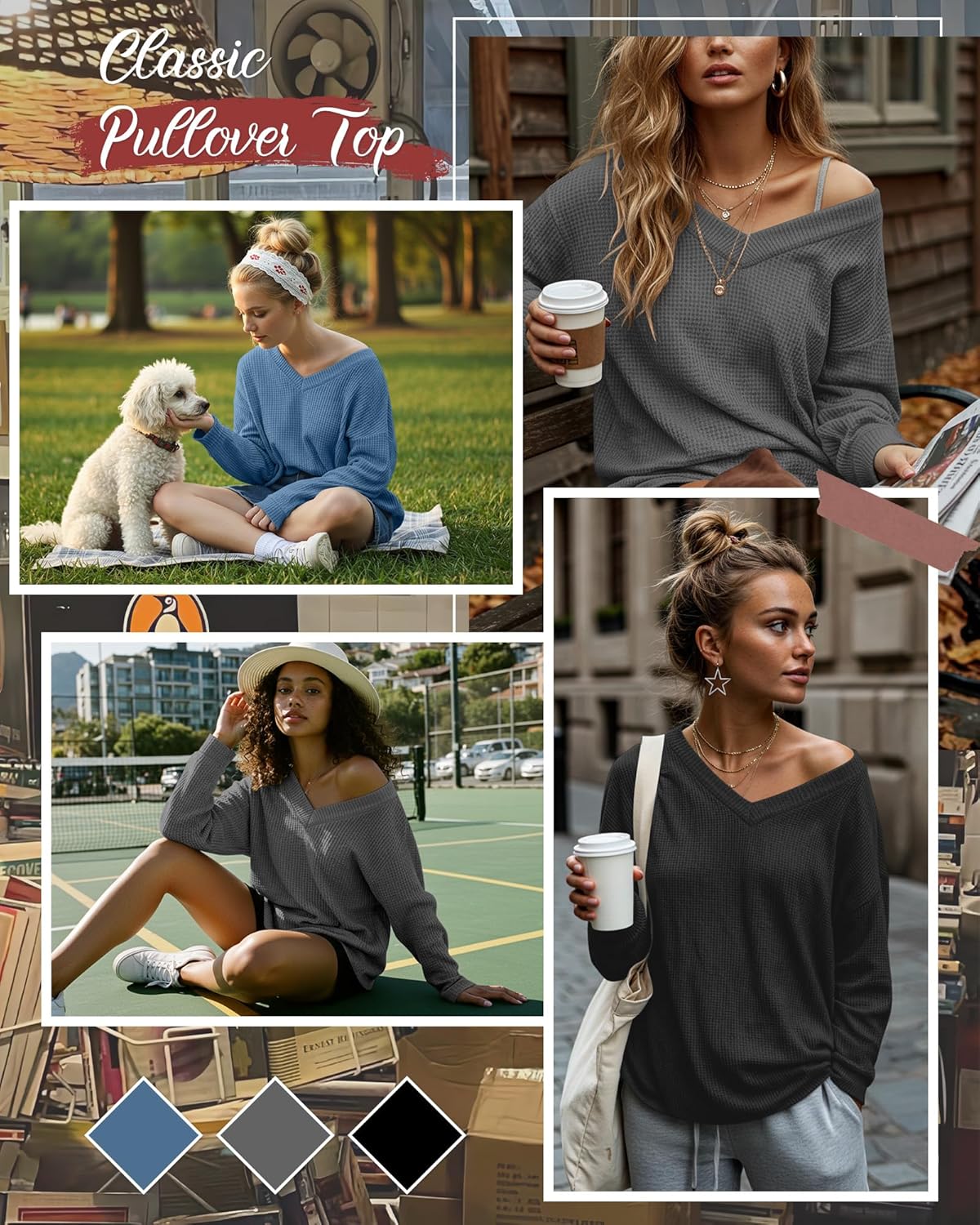 3 Pack Women's Oversized Off The Shoulder Tops Waffle Knit V Neck Casual Shirts Loose Fit Long Sleeve Tees - Image 5