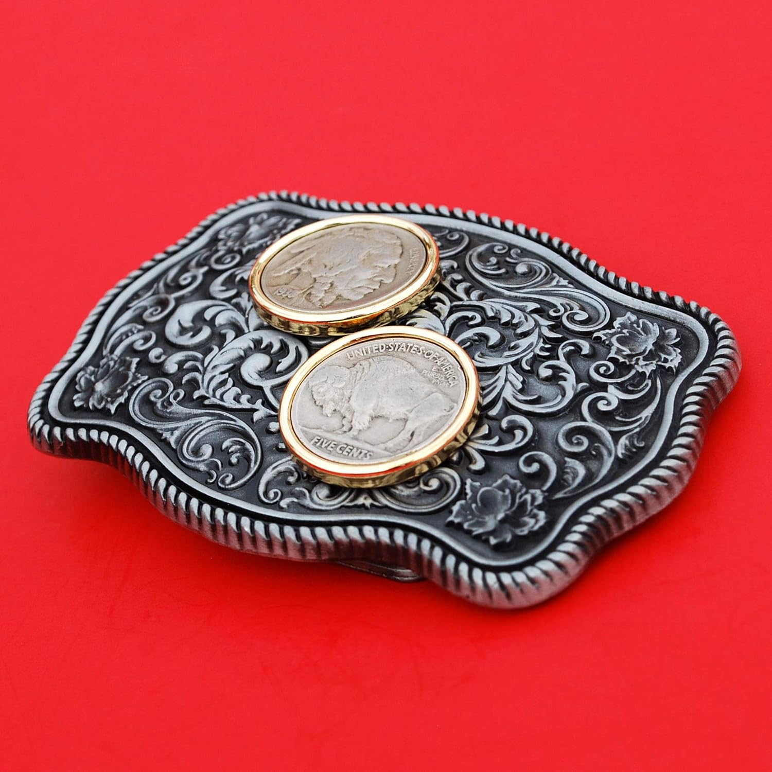 US 1938 Indian Head Buffalo Nickel 5 Cent Coin Two Tone Belt Buckle NEW - Beautiful Western Scroll Design - Obv + Rev