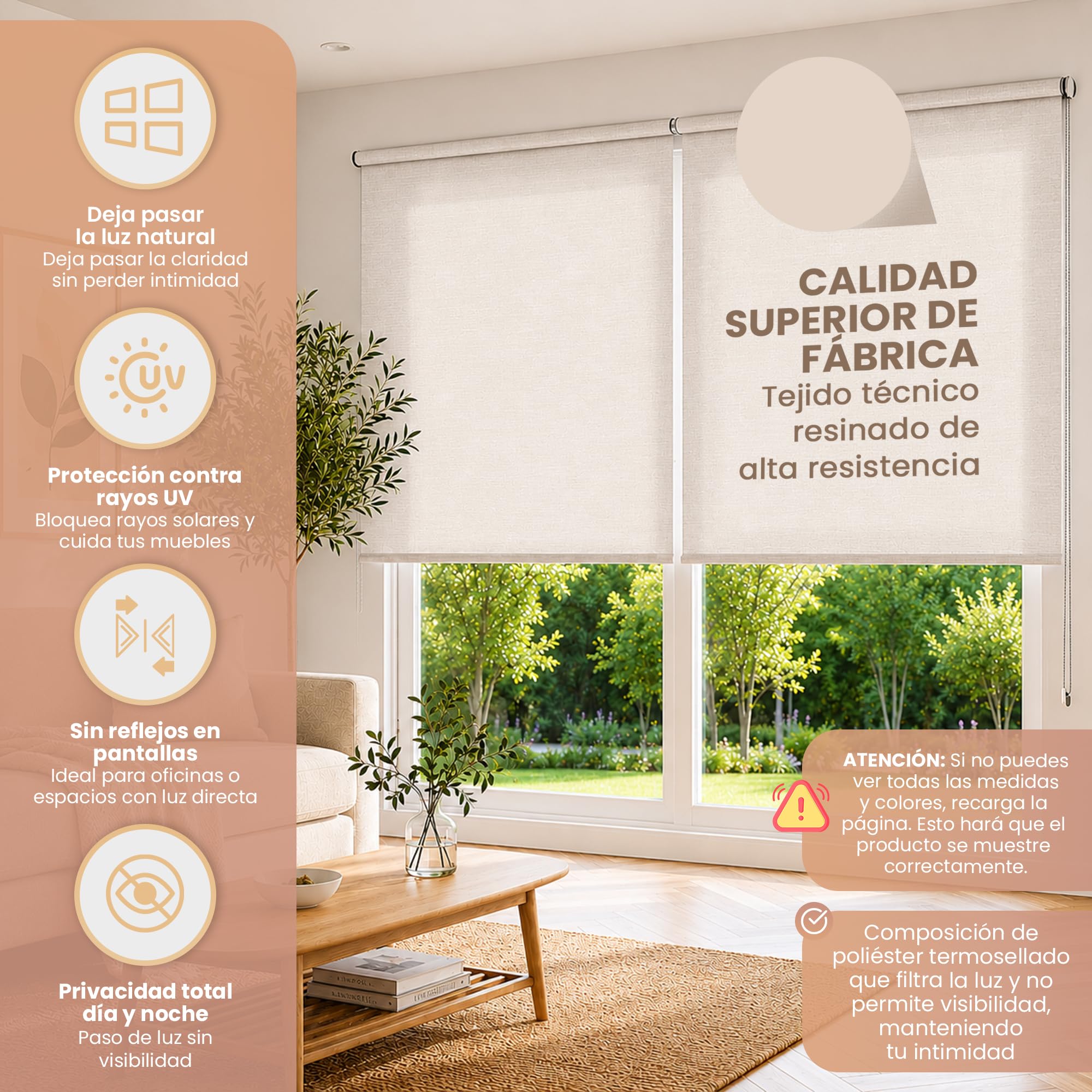 Estor Enrollable Translúcido Arena a Medida 120x180 cm – Luz Natural con Privacidad Día y Noche – Persiana para Ventanas, Puertas, Balconeras, Cocina u Oficina – Instalación en Pared, Techo o Lateral