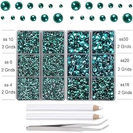 10000Pcs 2-Boxes Mixed Size Hot Fix Round Crystals Gems Glass Stones Hotfix Flat Back Rhinestones with Tweezers and Picking Pencil (Blue Zircon)