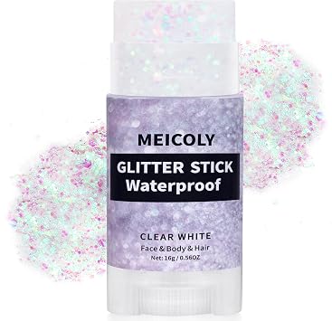 MEICOLY Clear White Hair Glitter Stick,Body Glitter Stick for Women,Sparkle Glitter Fairy Makeup,Waterproof Mermaid Costume Face Glitter,for Party Rave Festival