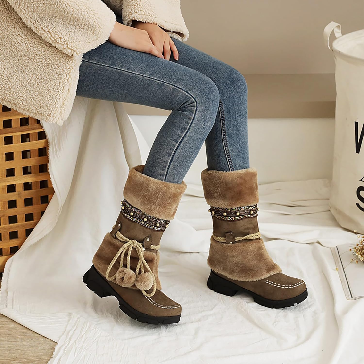 AIJIVOU Women's Mid-Calf Slip On Winter Snow Boots, Classic Round Toe Suede Faux Fur Cozy Warm Comfortable Winter Booties Low Heel Hairball Flat Soled Shoes