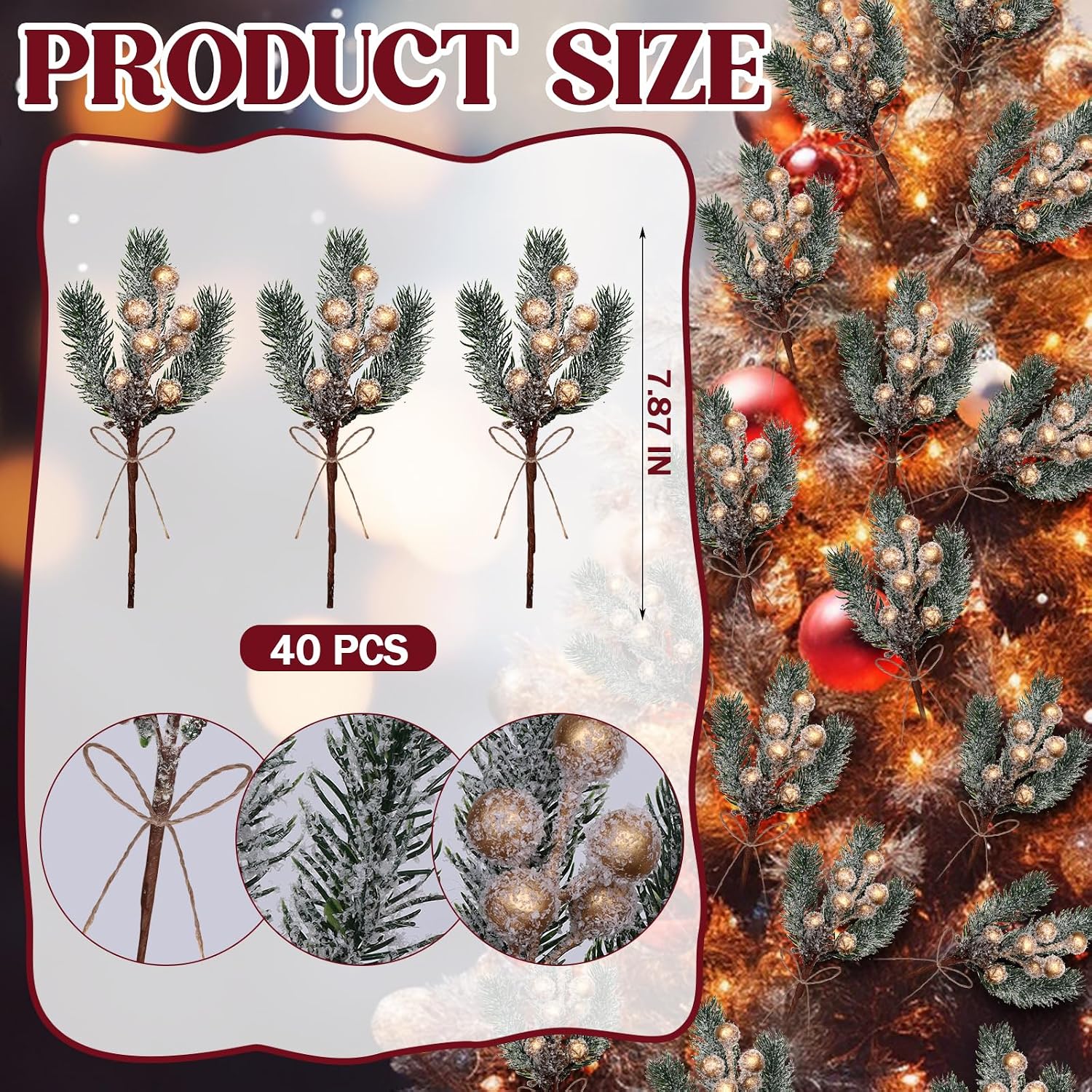 40 Pcs Christmas Tree Ornaments Gold Berries Pine Cones for Crafts 8inch Artificial Floral Picks Fake Berry Picks Stems and Sprays with Brown Pine Cone for Vase Floral Wreath DIY Decor(40 Pack/Gold)