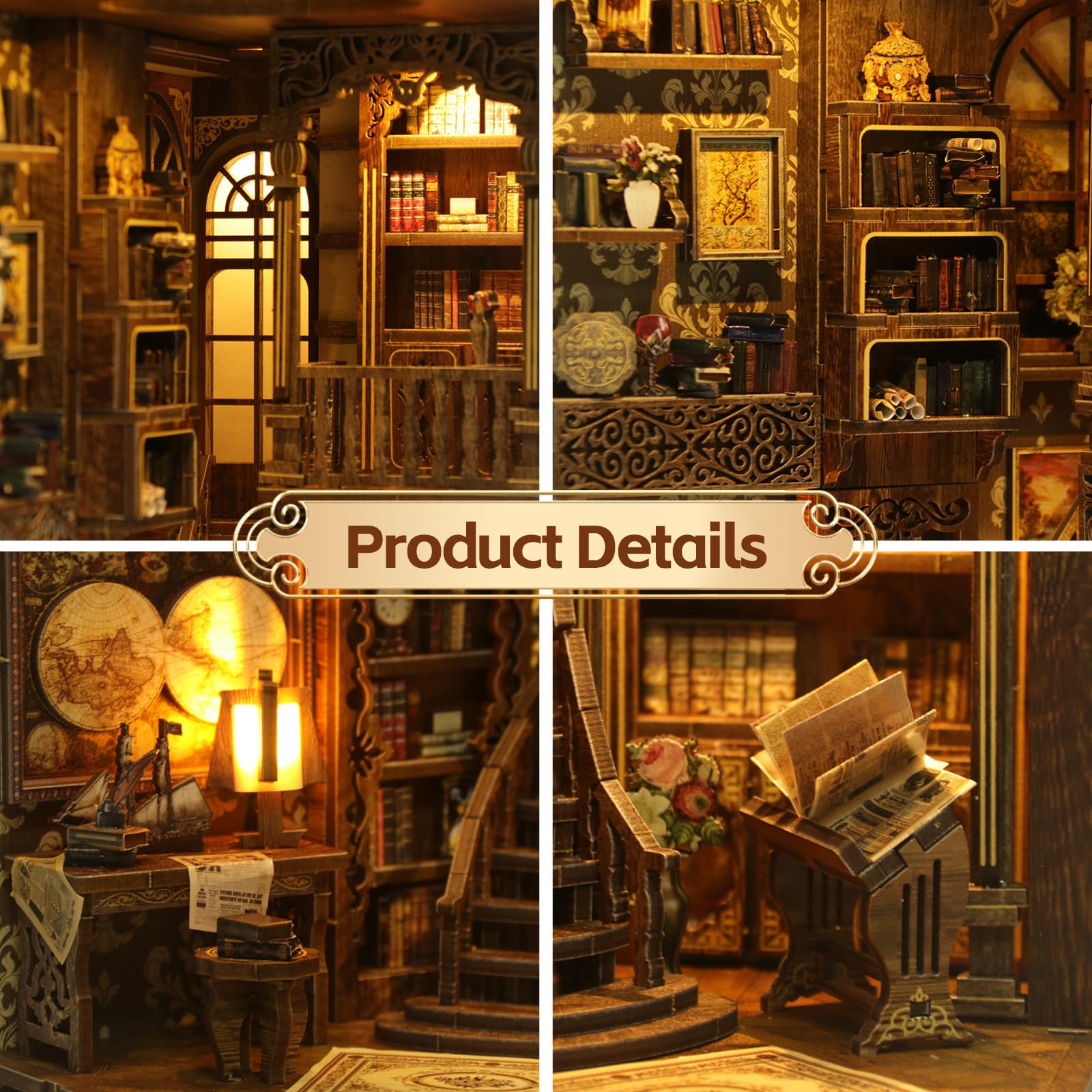 Book Nook Kit en Madera, Kit de Casa Miniatura con Luz LED, Kit DIY Book Nook, Decoración de Estantería, Idea Regalo Creativa para Adultos y Adolescentes a Partir de 14 Años