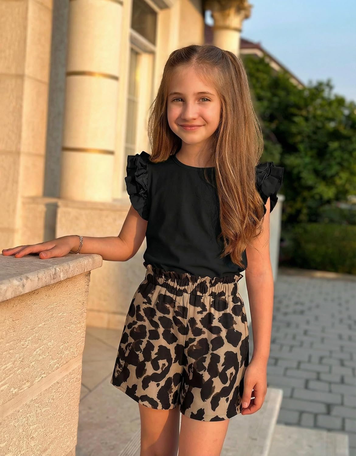 Arshiner Girls 2 Piece Outfits Summer Clothes Ruffle Short Sleeve Shirts Top and High Waist Paper Bag Shorts Set with Pockets - Image 7