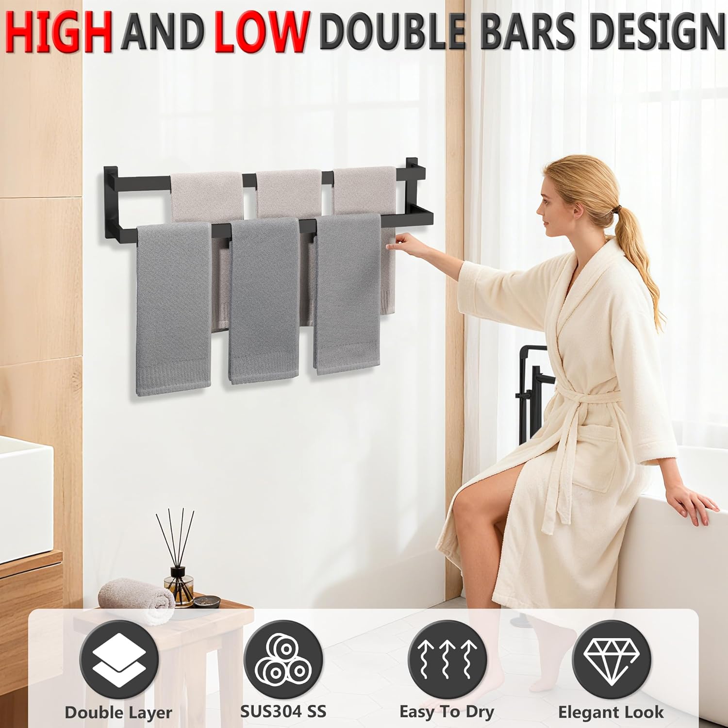 Alise 32 Inch Double Towel Bars for Bathroom Wall Mount,Black Towel Holder Double Towel Racks for Bathroom Lavatory,SUS304 Stainless Steel Square Towel Rail Towel Hanger for Walls