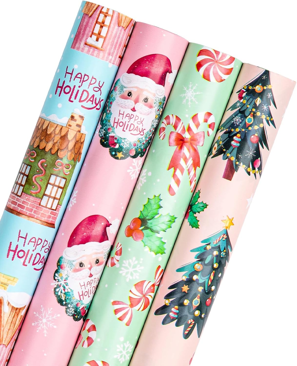 WRAPAHOLIC Jumbo Christmas Wrapping Paper Roll - Pink Gingerbread House, Santa Claus, Christmas Tree and Candy Cane Design - 4 Rolls - 30 Inch x 120 Inch Per Roll Pink & Blue & Green