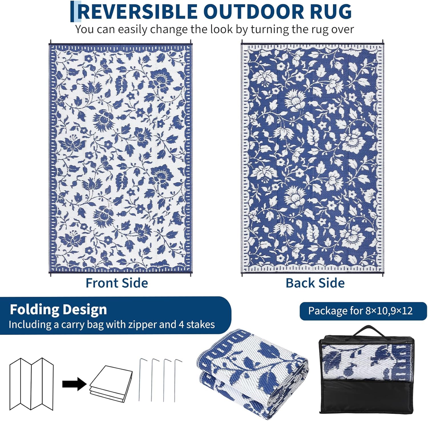 Garvee 5x8 Outdoor Rug Waterproof, Vintage Floral Plastic Straw Rugs, Camping Rugs for Outside Your RV, Foldable Lightweight Reversible Carpet with Portable Bag for Patio, Backyard, Beach, Navy＆White