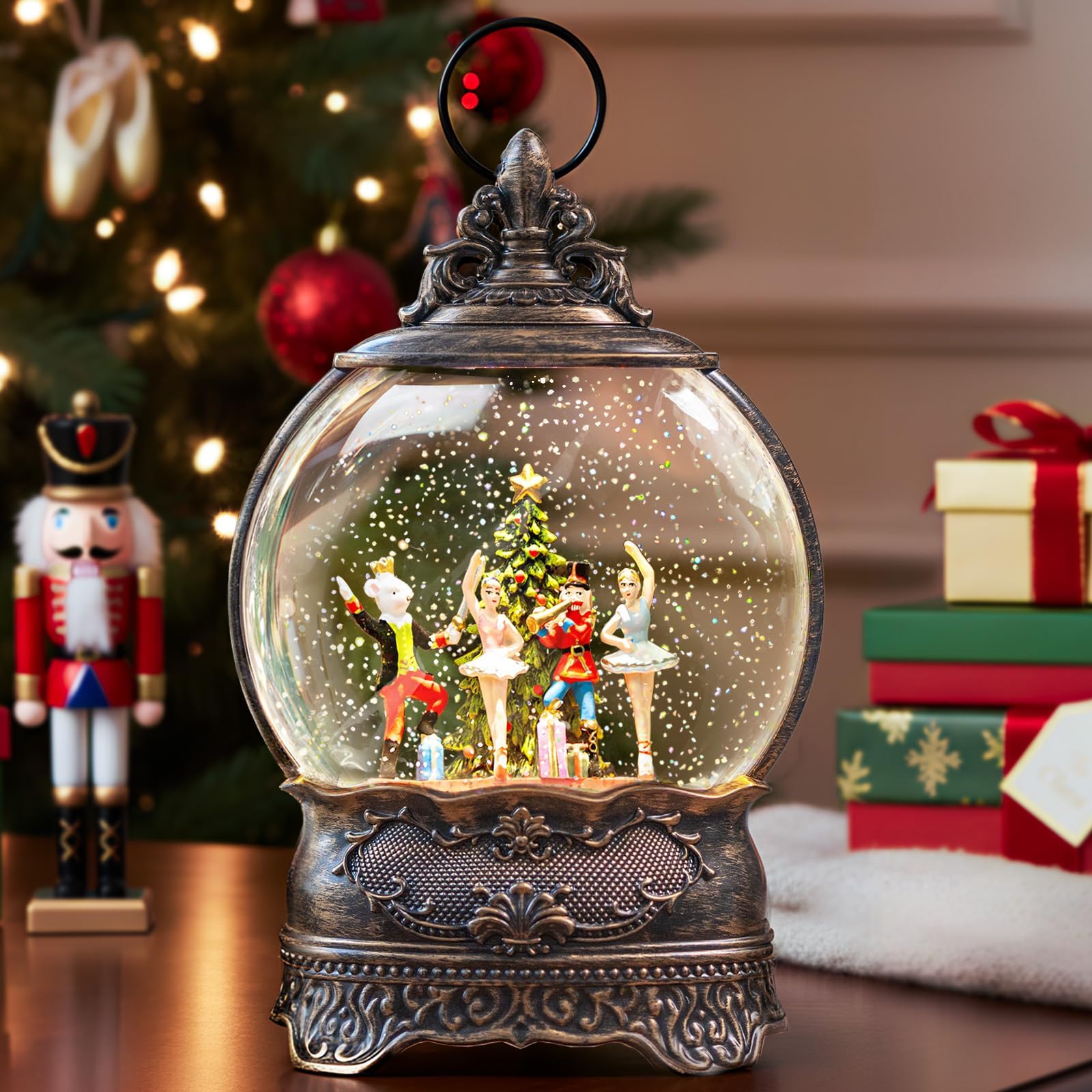 12.1" Christmas Snow Globe Lantern with Nutcracker Ballet Decor, Musical Snow Globe, Indoor Home Christmas Decor, Battery or USB Powered, Holiday Decor Gift Christmas Water Lantern