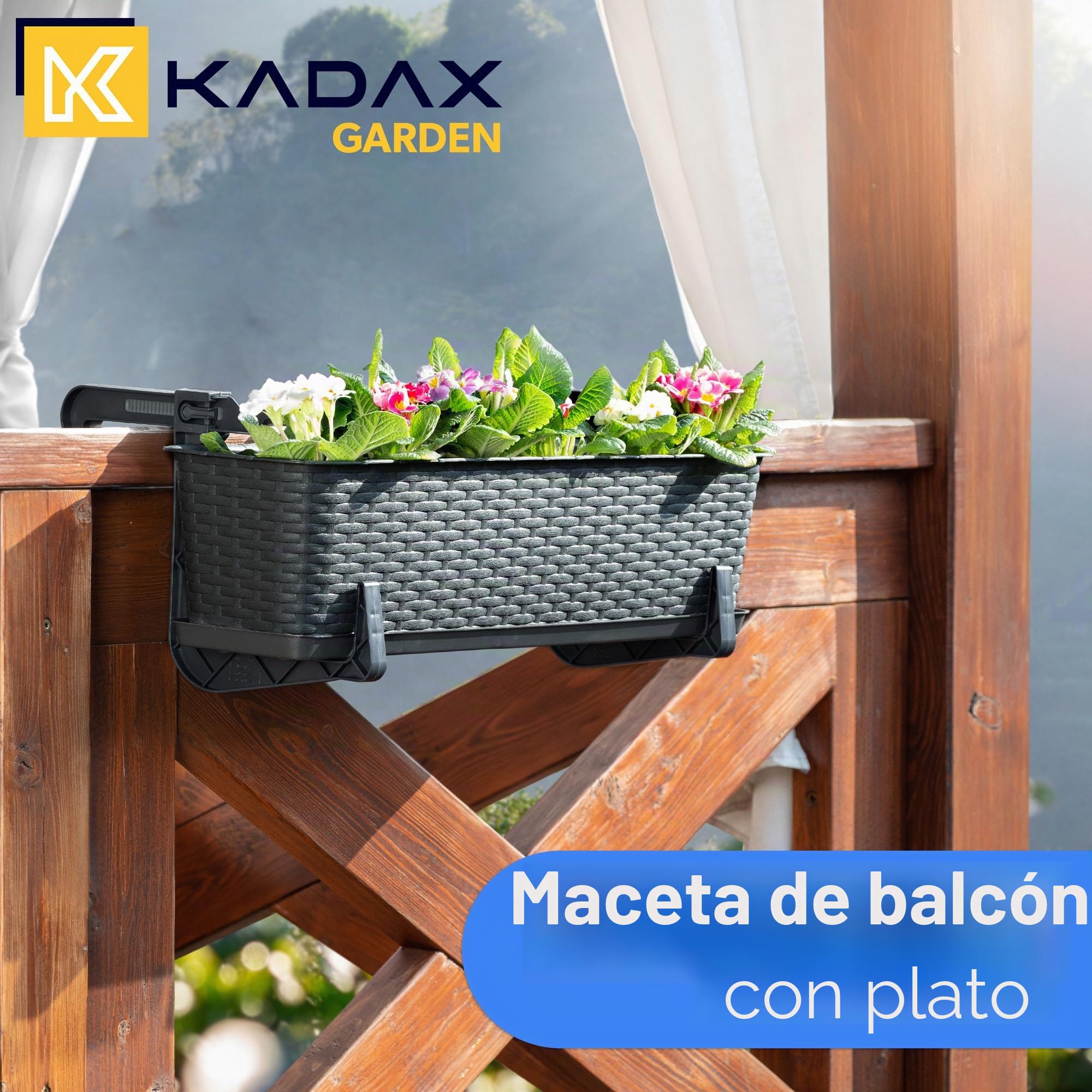 KADAX Maceta de Plástico Imitación Ratán, Macetero Rectangular con Platillo y Soportes para Exterior, Jardinera Colgante para Balcón (Antracita, 60 cm, Aprox. 12L)