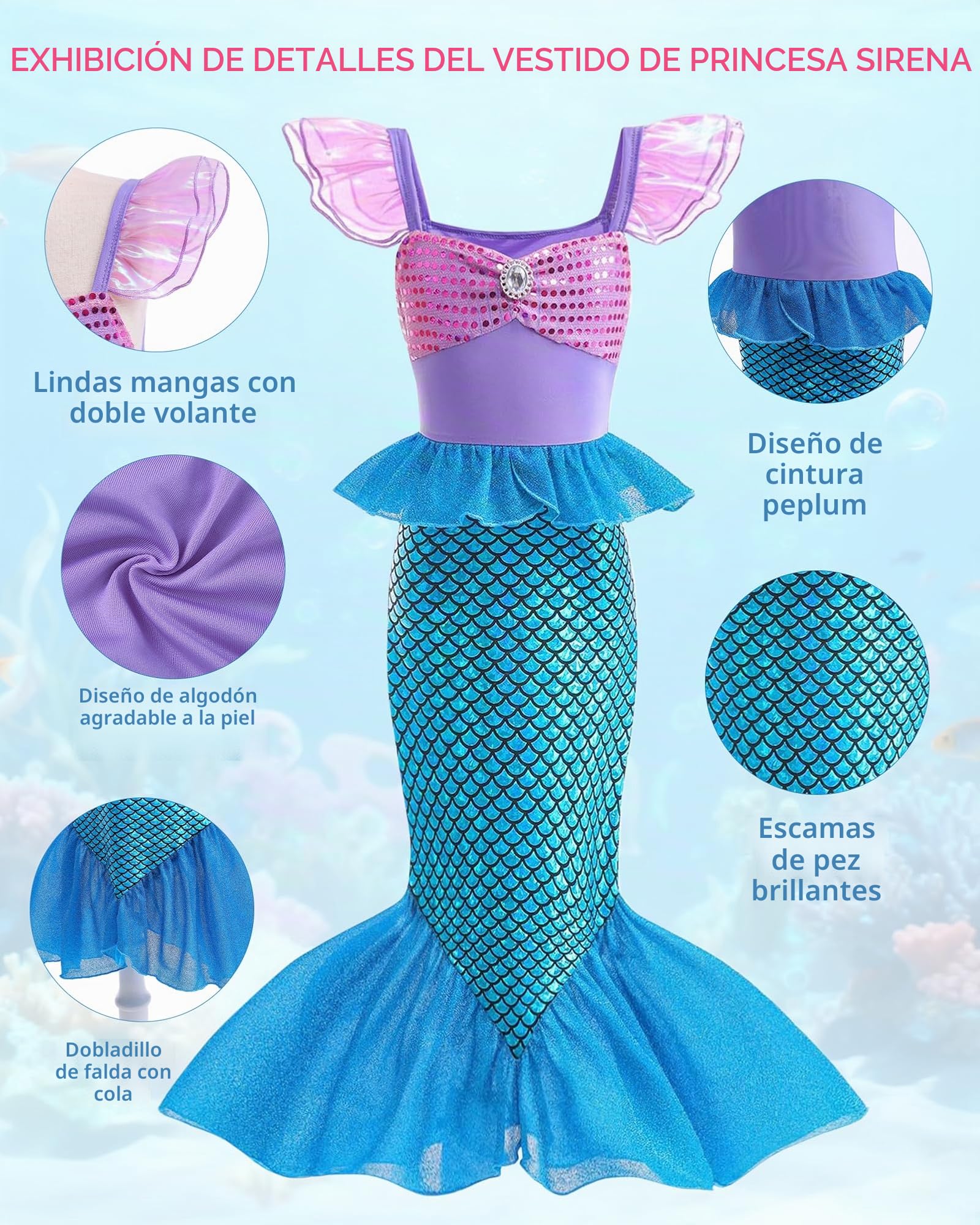 Disfraz de princesa sirena para niñas, vestido con purpurina con accesorios de 3 a 10 años, para Navidad, cumpleaños, día mundial del libro, cosplay