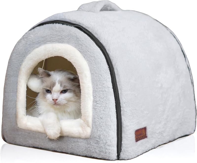 Cama tipo toca dobrável para gatos OMIVIER, 2 em 1, com fundo antiderrapante e resistente à água, Cinza