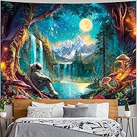 Vista 27 de Zussun Tapiz de hongos verdes, luna y estrella, tapices para dormitorio, decoración estética de plantas de noche estrellada, tapastrys para colgar