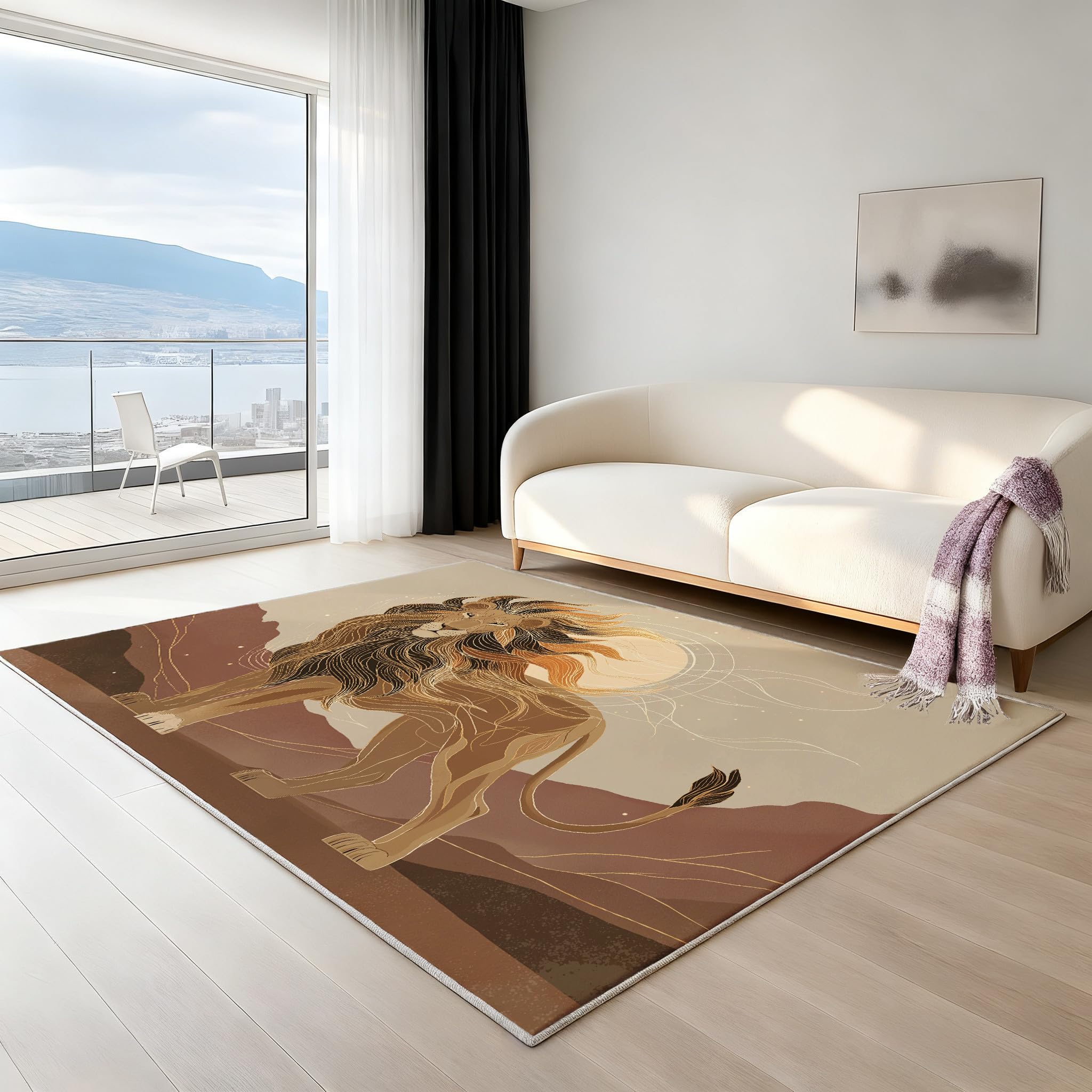 Retro i elegancki cienki dywan 140 x 200 cm | żółty złoty kudłaty dywan do salonu do przedpokoju biura pralni pokój dziecięcy | abstrakcyjny rysunek liniowy lew bohater wycieraczka z mikrofibry