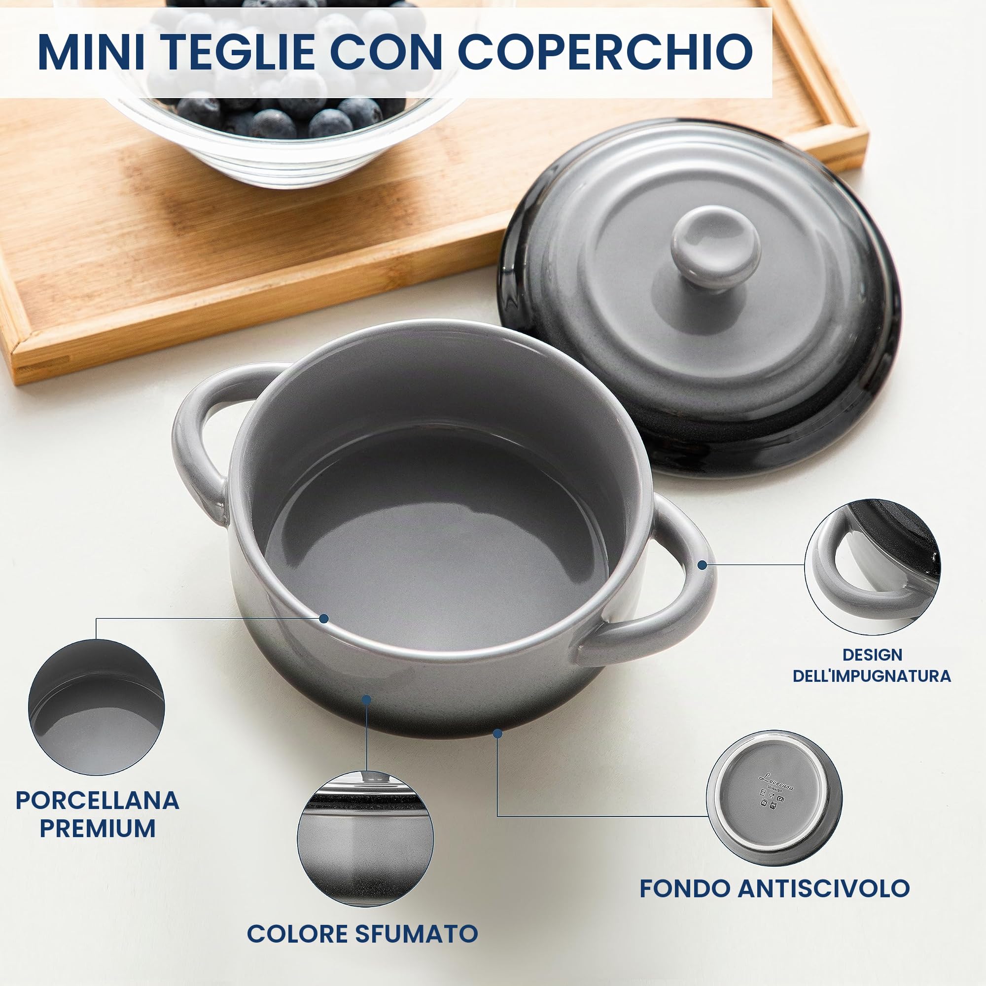 LOVECASA Mini Cocotte 420 ml Set 4 Casseruole da Forno in Gres con Coperchio 12 x 5,5 cm, Mini Casseruole Rotonde con 2 Manici, Stampi per Torte, Terrine da Forno Monoporzione, Grigio-Nero Graduale