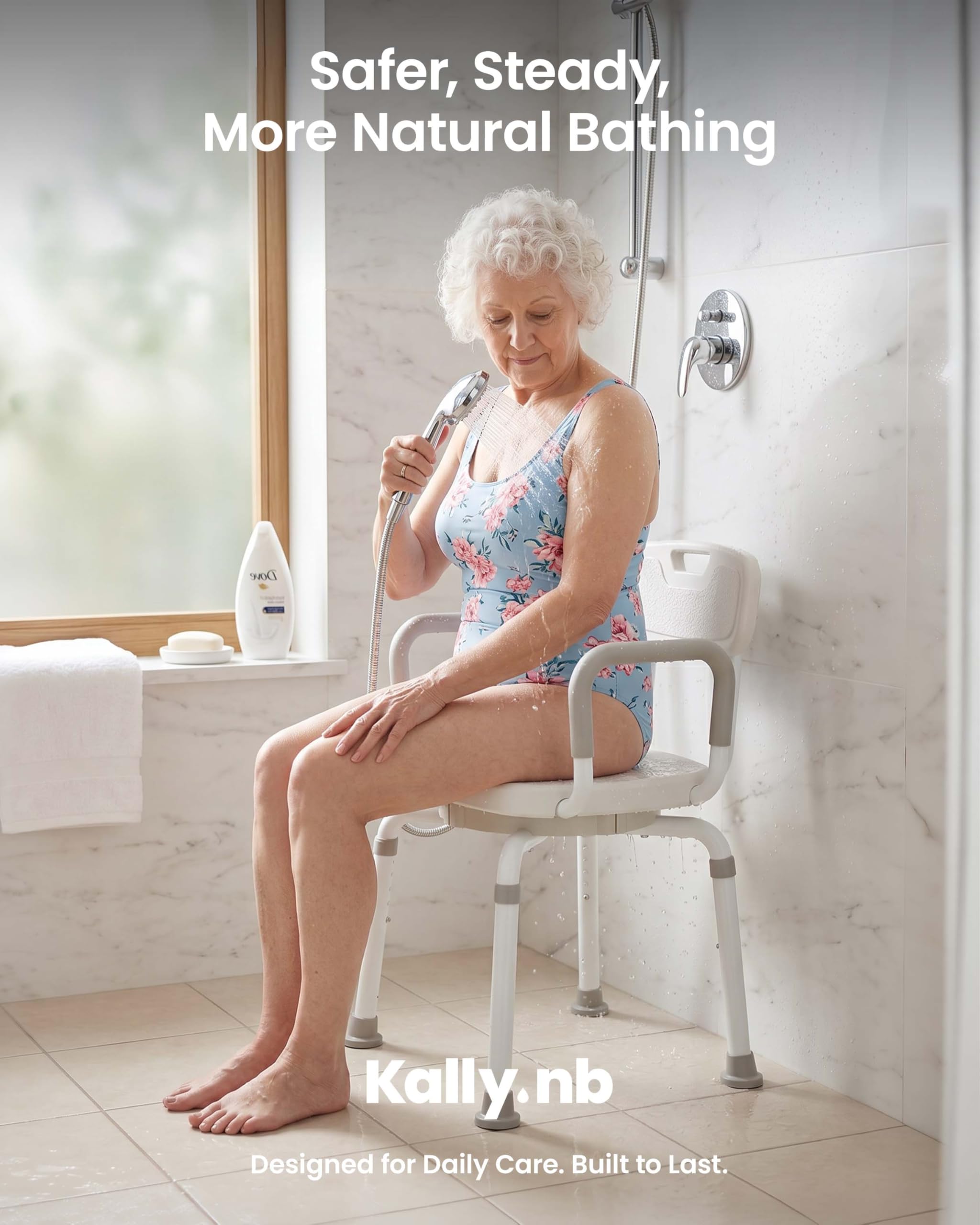 Silla de ducha giratoria para ducha interior, gira sin estar de pie, asiento de baño giratorio resistente de 660 libras con brazos y respaldo, altura ajustable de 18 a 21 pulgadas para personas