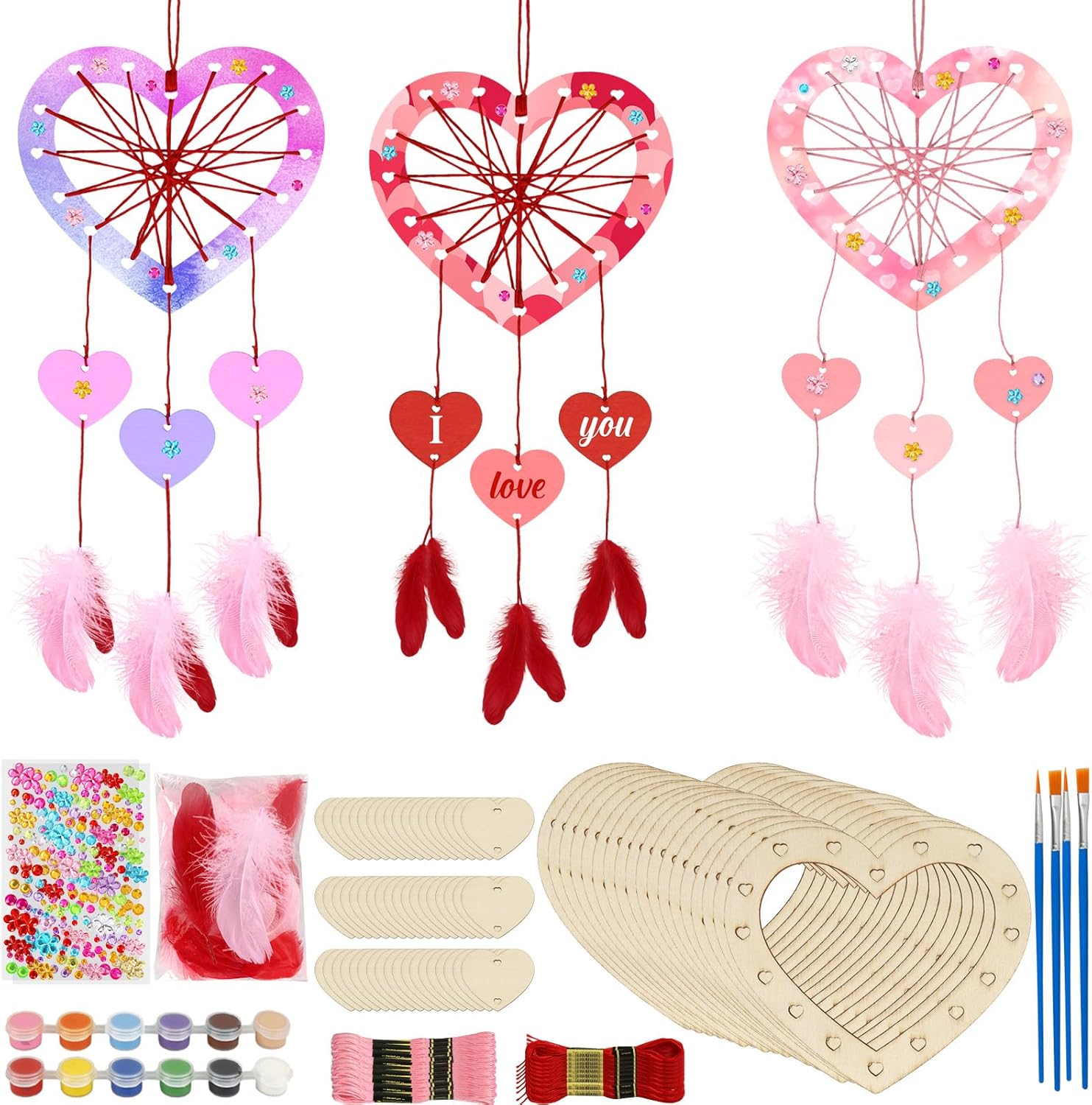 Fennoral 18 Pack Heart Dream Catcher Craft Kit for Kids Paint You Own Love Heart Dream Catcher DIY Coloring Mother's Day Wooden Art and Craft for Art Activity Project Mother Birthtay Decoration Gifts