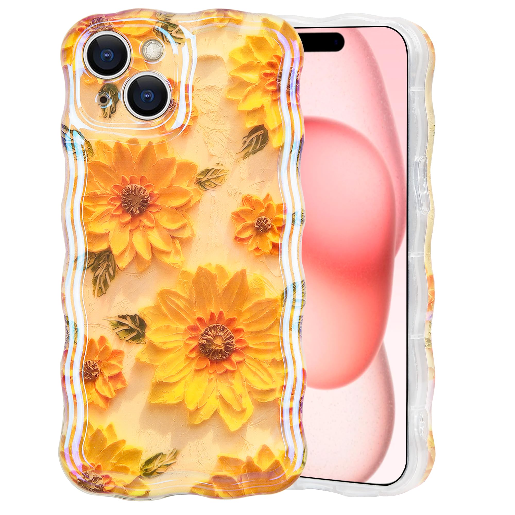 IDweel Case for iPhone 15 Plus,for iPhone 14 Plus Case Cute,Colorful Retro Oil Painting Printed Flower Glossy Pattern Curly Wave Edge Exquisite