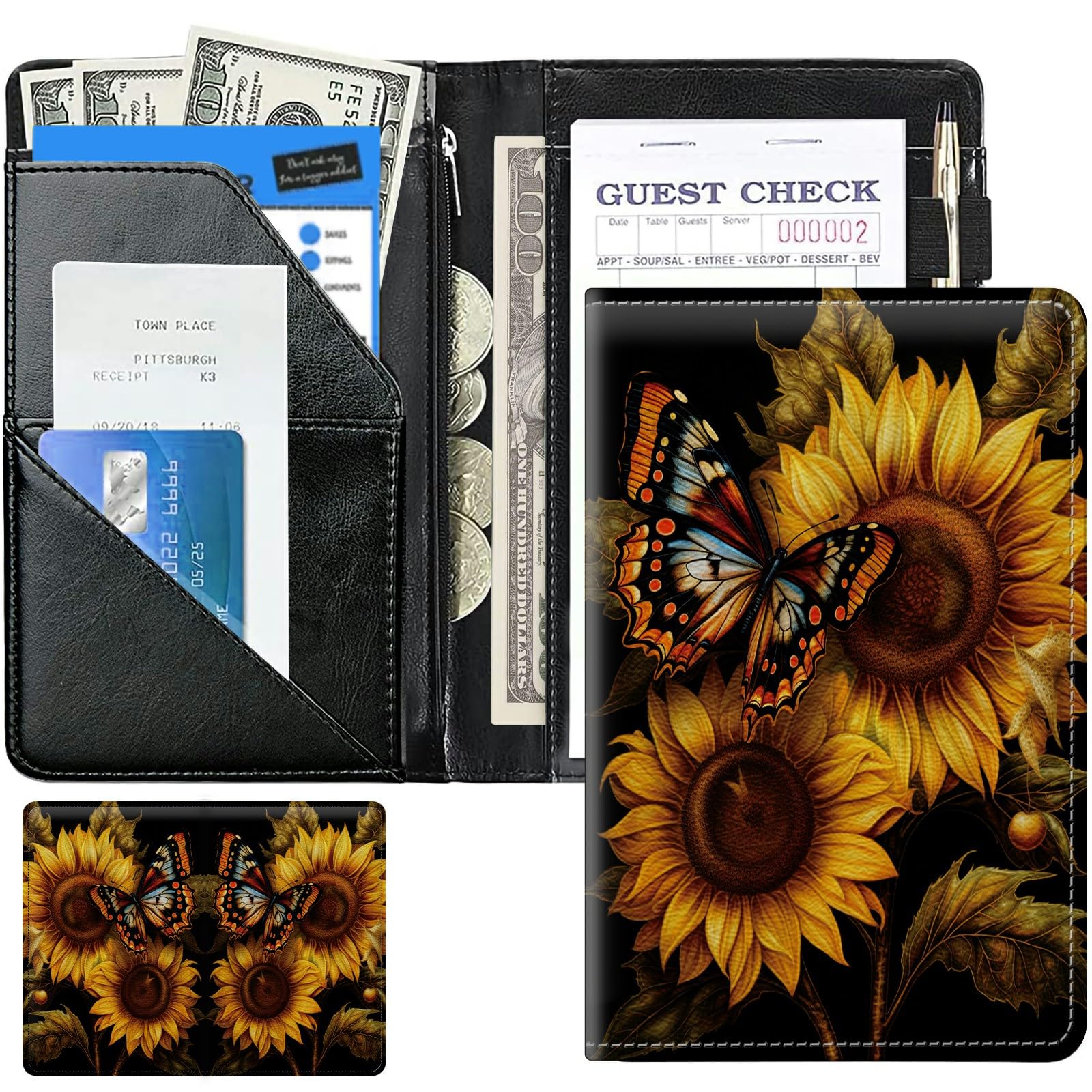 Butterfly Sunflowers Cute Server Books for Waitress, Leather Waiter Book Server Wallet with Zipper Money Pocket, 5 * 8 Waitress Ticket Book Holder Restaurant Waitstaff Organizer with Pen Holder Fit