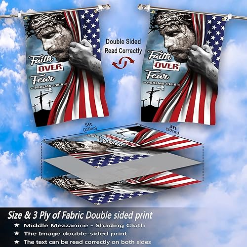 Miniatura 3 de Faith Over Fear - Bandera de Jesús de 3 x 5 pies, bandera estadounidense con Jesucristo en él, bandera estadounidense de doble cara resistente de