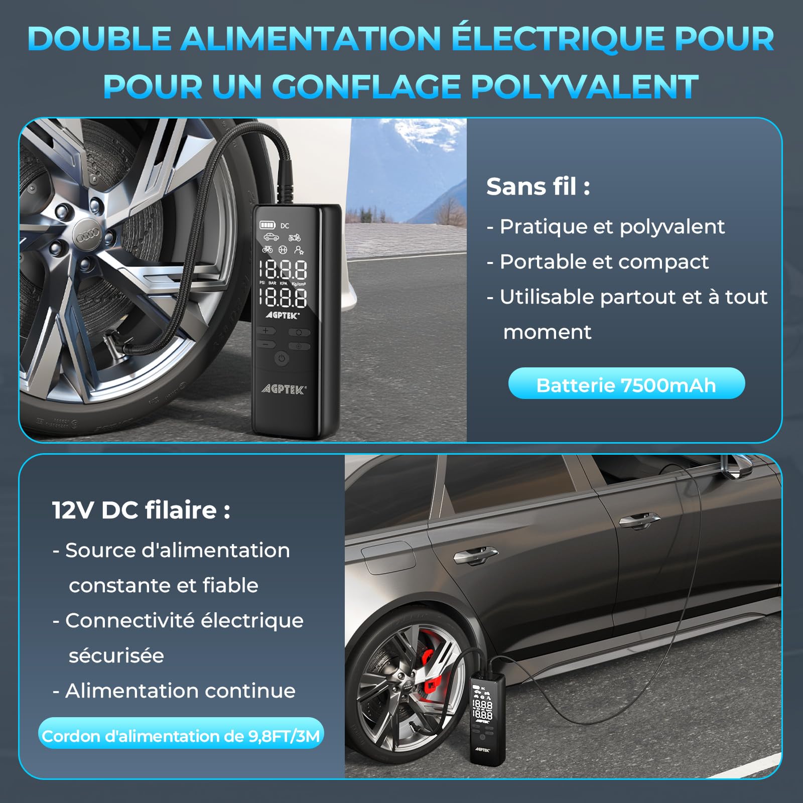 AGPTEK Mini Pompe à Voiture, Mini Compresseur à Air portatif, 7500mAh 12V DC, Portable Gonfleur Electrique pneus Voiture sans fil, 150PSI & 5 modes, LED et Arrêt auto pour les vélos, motos, balles