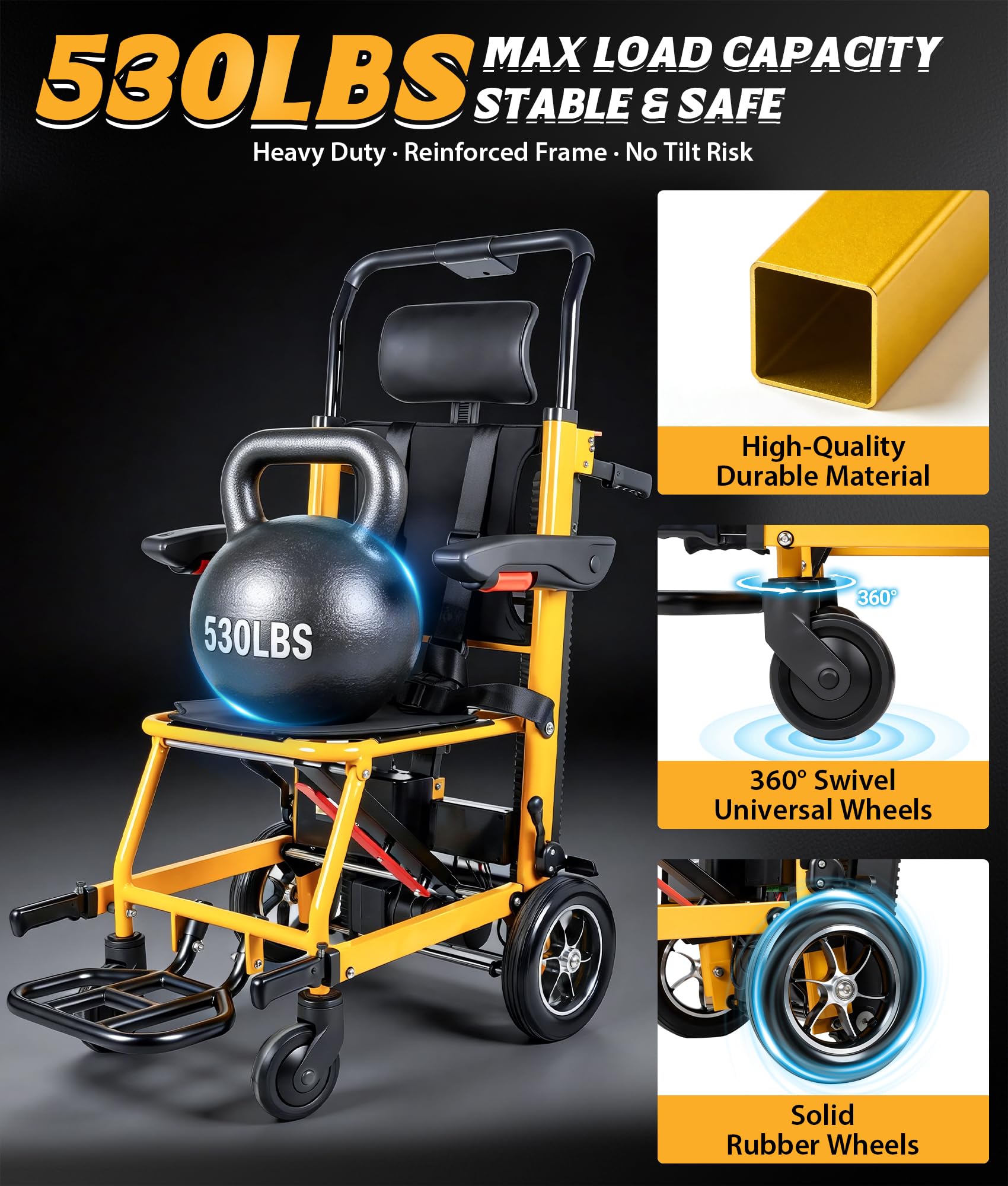 Elektrischer Treppensteiger Rollstuhl Faltbar mit Gummikette, 240KG Elektrischer Treppenlift Stuhl, 3 Speed Rollstuhl Faltbar Treppen Mobilitätshilfe mit LED Licht, Medizinische Rettungstrage für Se