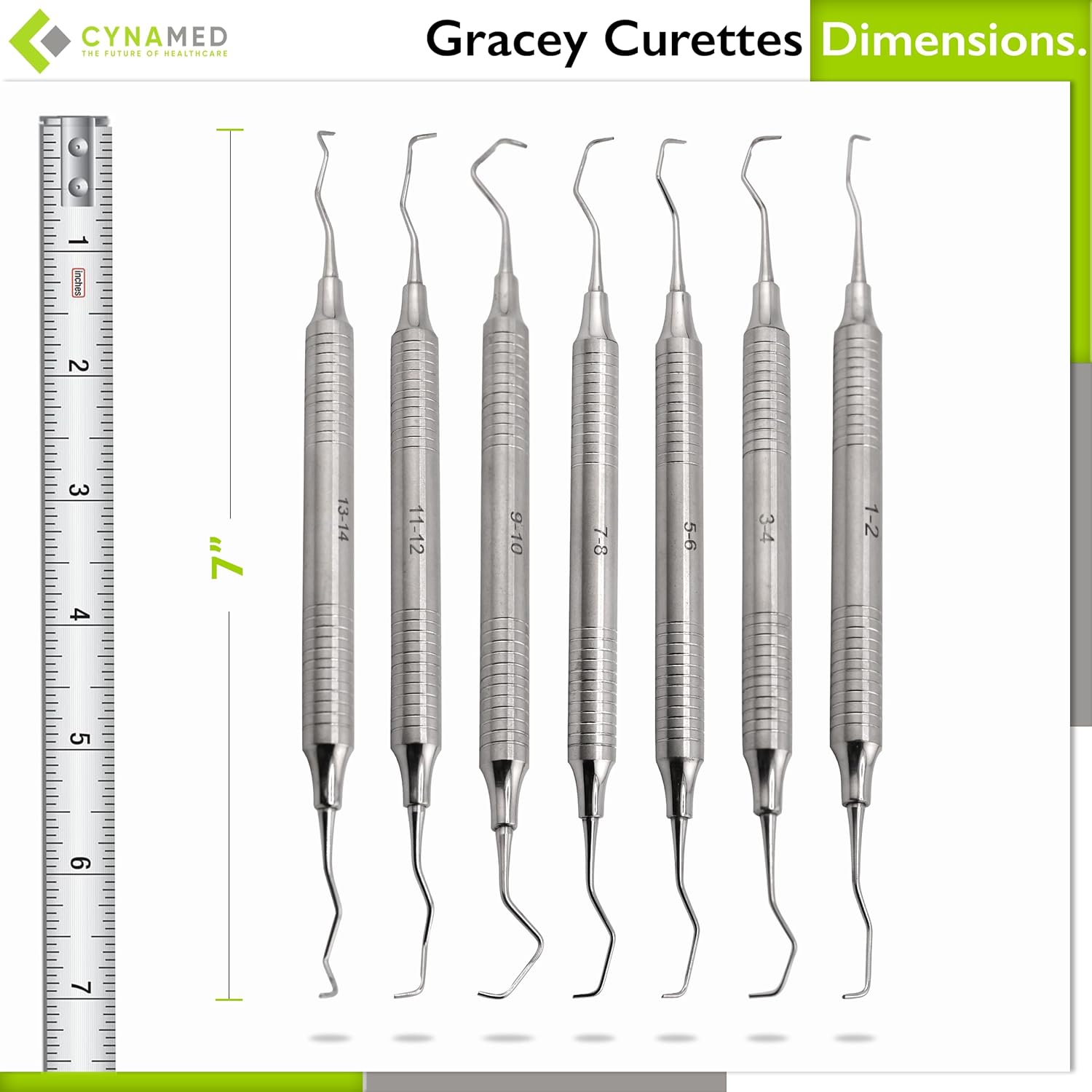 Set of 7 Gracey Dental Curettes and Scalers - Smooth Handle Double Ended Periodental Premium Instruments by Cynamed