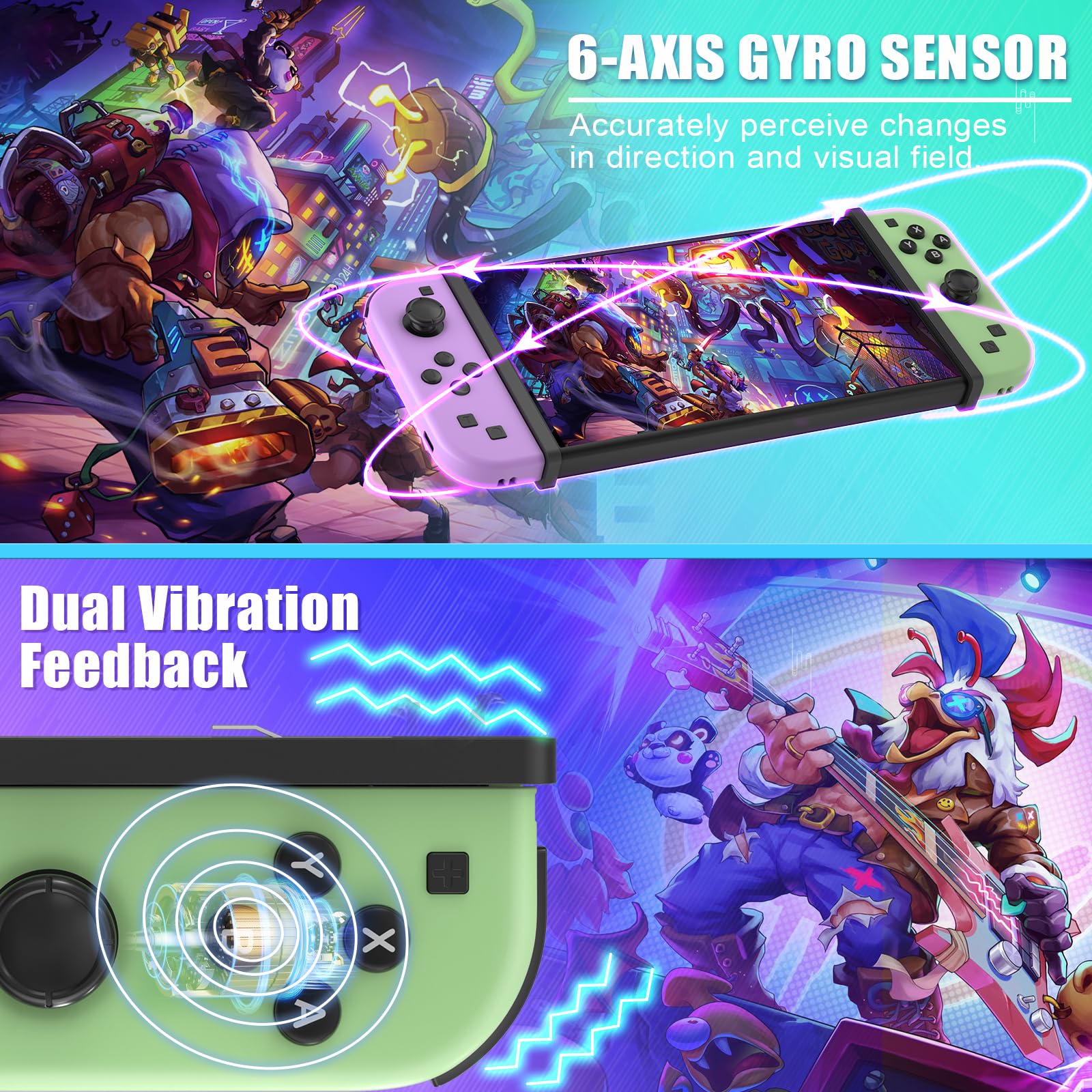 GGiking Switch Controller für Switch OLED Lite mit Turbo Dual Vibration 6-Achsen-Gyrosensor Lila Grün