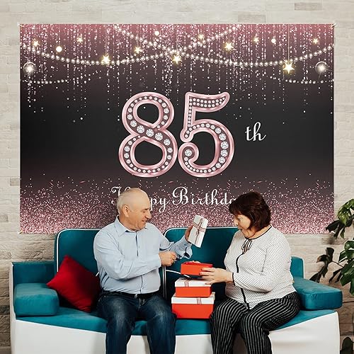 Miniatura 6 de HAMIGAR Fondo de pancarta de feliz cumpleaños 85 de 6 x 4 pies, decoraciones de cumpleaños de 85 años, suministros de fiesta para mujeres, oro rosa
