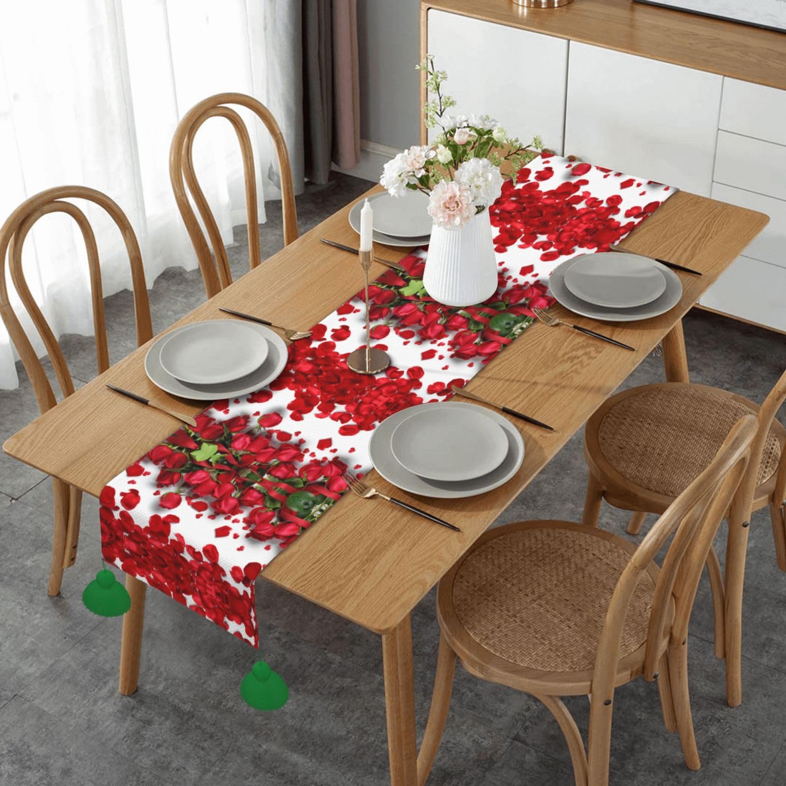 Chemin de table de Noël rouge à pompons pour décoration de table