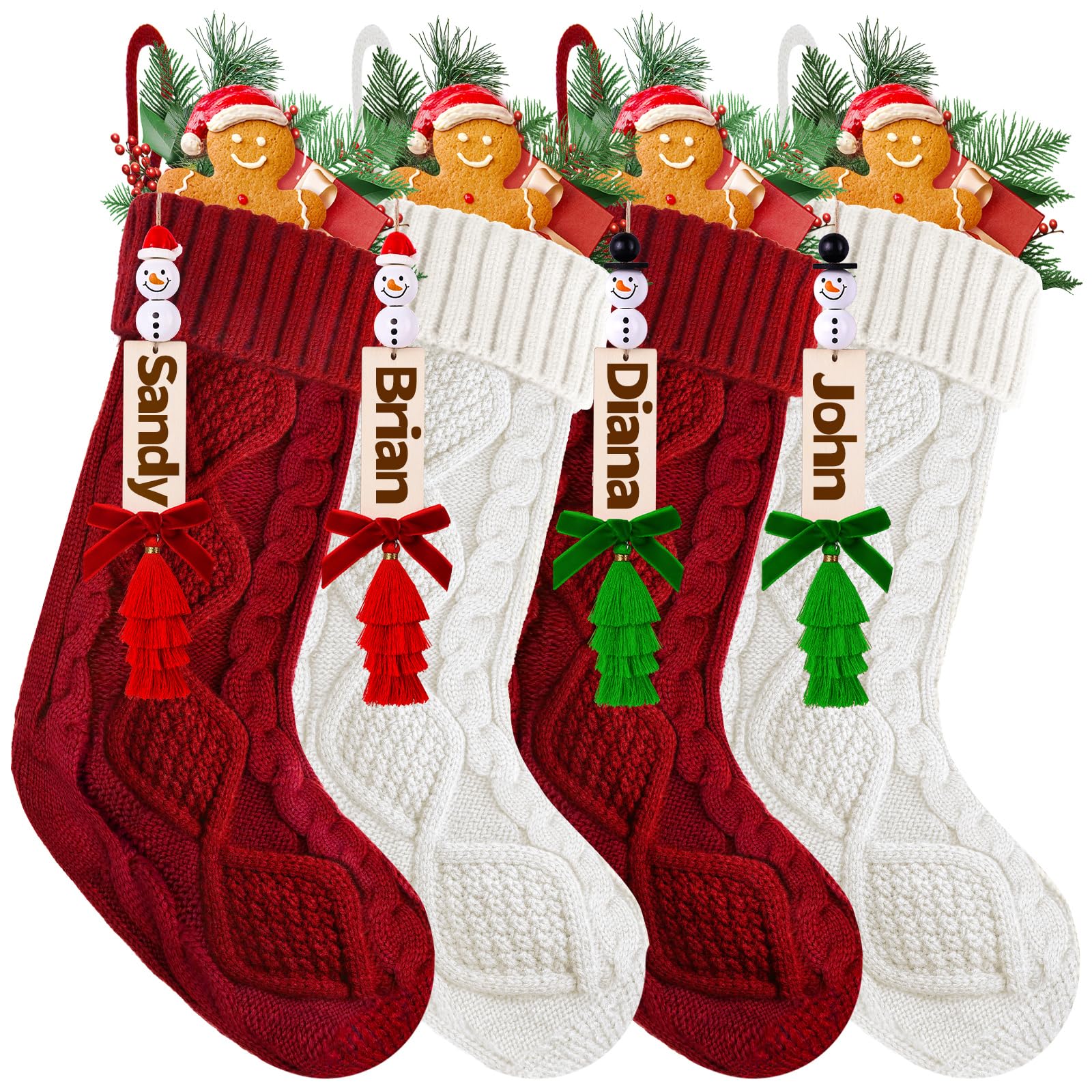 Zenoble 4 Pack Christmas Stockings - 18 inch Large Knit Stockings Personalized Xmas Stocking with Tassel Name Tags - Family Hanging Christmas Stockings for Mantel Fireplace Tree Decor