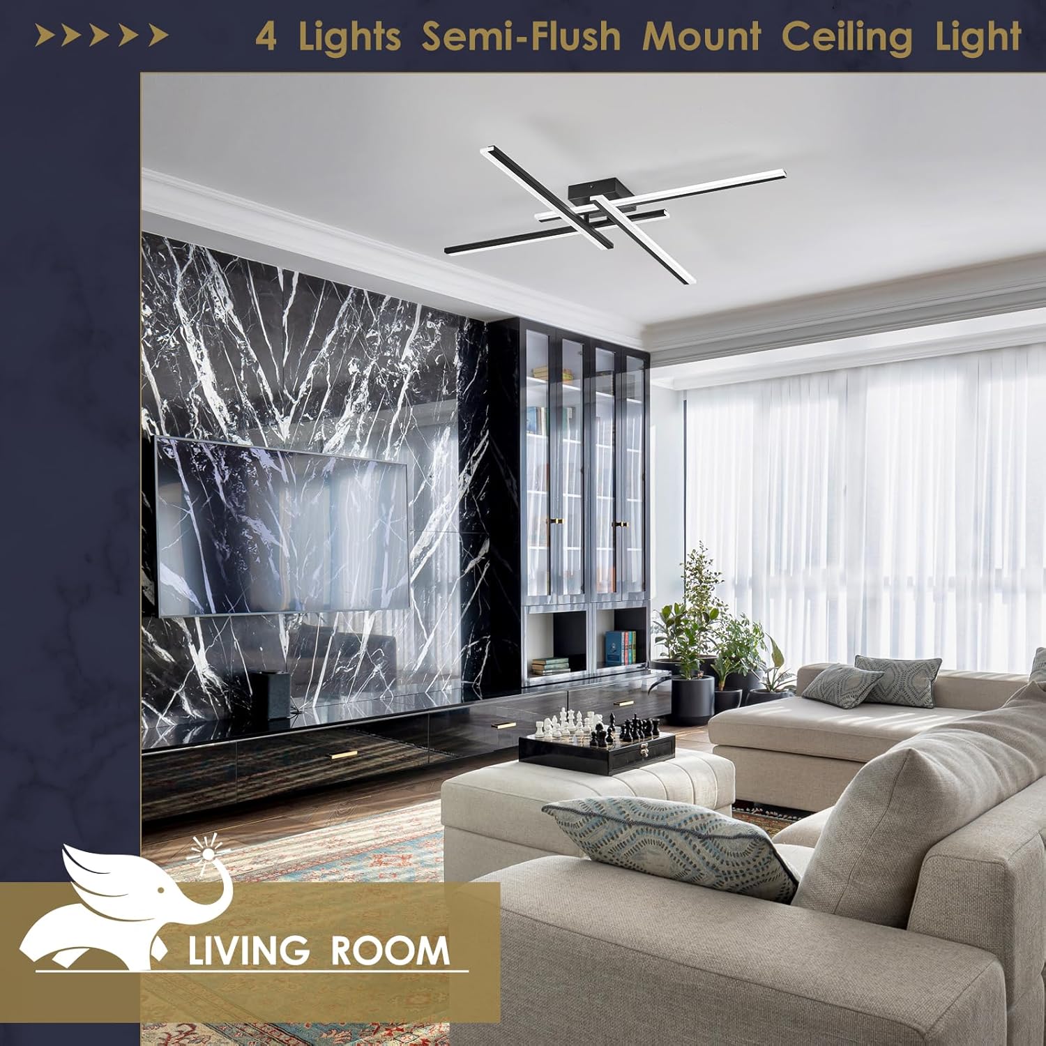 Modern Led Chandelier 4-Lights Semi-Flush Mount Ceiling Lighting Fixture 35.4” Dimmable Remote Control Ceiling Light for Living Room Bedroom Kitchen Foyer 40W