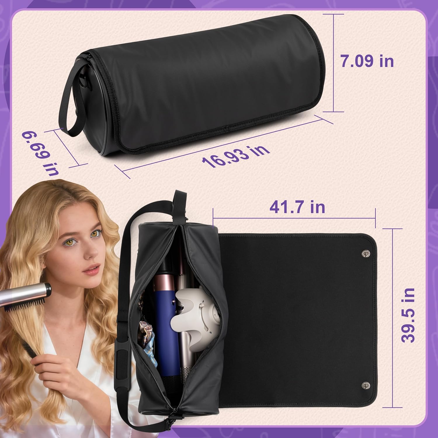 Hair Tools Travel Bag, Hair Tool Organizer with Large Heat Resistant Mat, Hair Dryer Curling Iron Travel Case for Flat Irons, Straighteners and Haircare Accessories