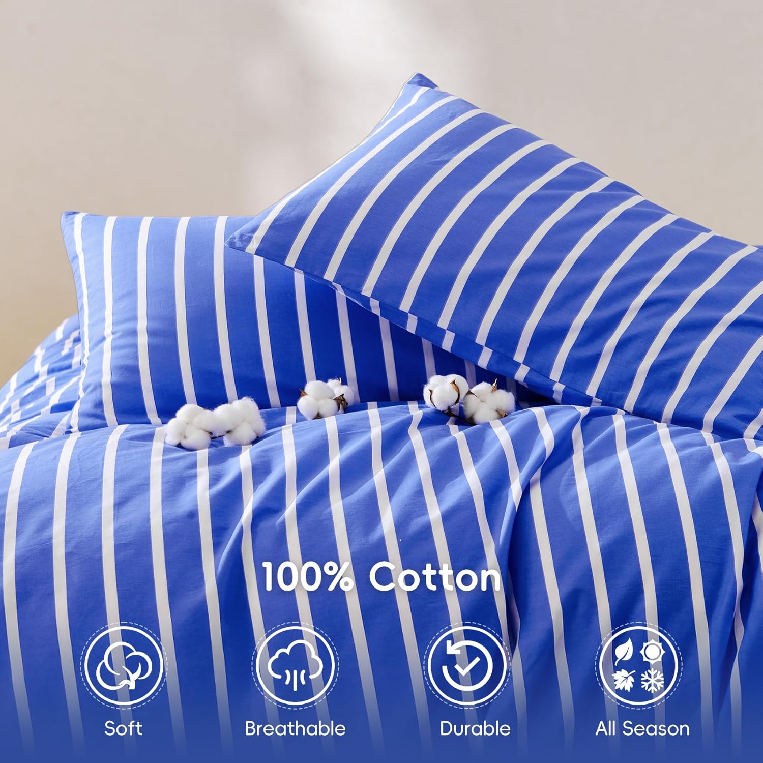 Striped Duvet Cover Set Queen Size,100% Natural Cotton Washed 3pcs Classic Striped Pattern Soft Breathable Bedding Sets with Zipper Closure & Corner Ties, Stripes Blue, 90"x90"