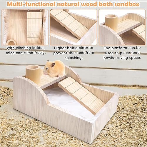 Miniatura 4 de PINVNBY Caja de baño de arena para hámster de madera con escalera de escalada, habitación de ducha, arena para excavar, contenedor de bañera,