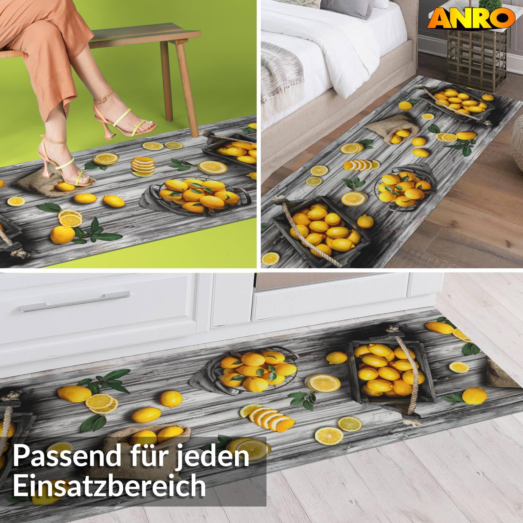 ANRO Küchenläufer Teppichläufer abwaschbar Läufer Flur rutschfest pflegeleicht Zitronen 200 x 52 cm