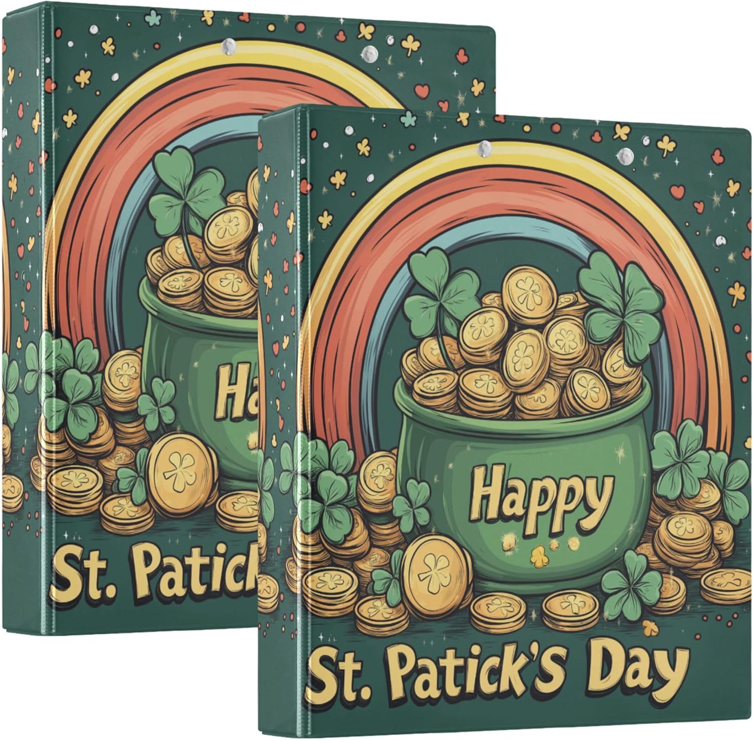 Happy St. Patrick's Day 3 Ring Binders, 1.5” Round Ring Binders with Clipboard - Letter Size, 3 Interior PVC Clear Pockets & Anti-Slip Clip for Office School Supplies, 2PCS