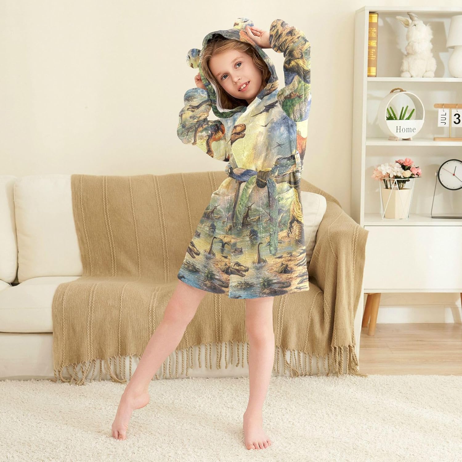 Variety Of Dinosaurs Bathrobe Hooded PJ Robe Soft Fleece Robe Pajama Sleepwears 2-12 Years