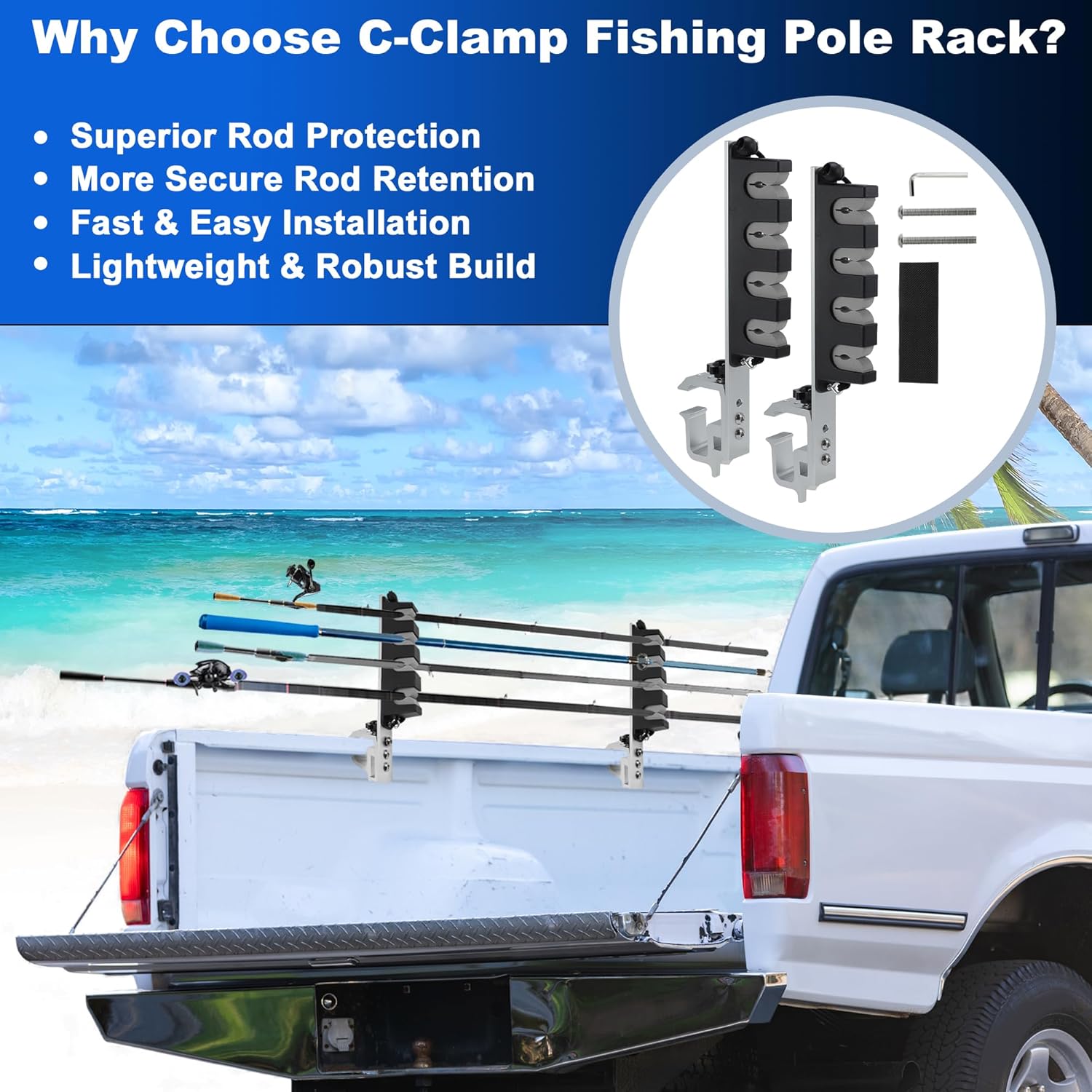 2x Aluminum Fishing Rod Holder for Truck Bed, 4 Rods Capacity, Stable C-Clamp Mount, Fishing Pole Storage Rack Holder for Truck Pickup Boat, Horizontally or Vertically Place