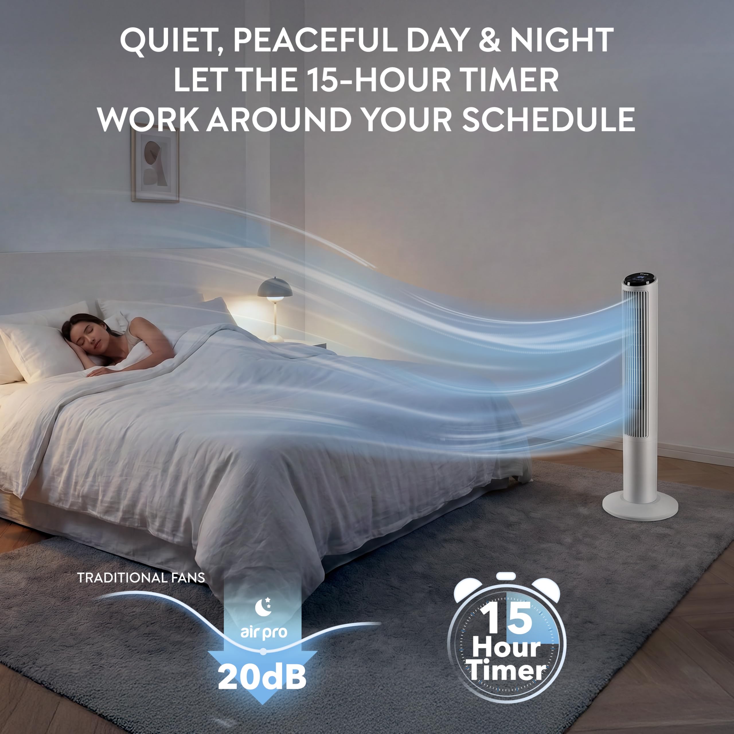 Air Pro 40" Tower Fan SmartVoice™ Control Oscillating Bladeless Fan with Remote - Tall Compact 3 Speeds Quiet 50W Motor Cooling Fan - Floor Standing Fan for Home Office - LED Display 15 Hour Timer