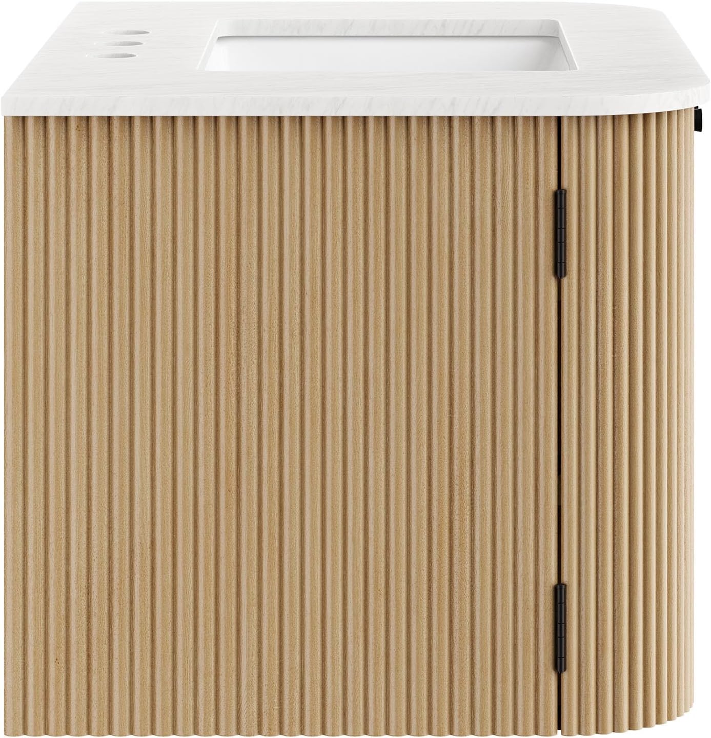 Modway Zia 30 Inch Wall-Mount Bathroom Vanity in Natural with Marble Sink Basin - Floating Bathroom Cabinet with Fluted Design