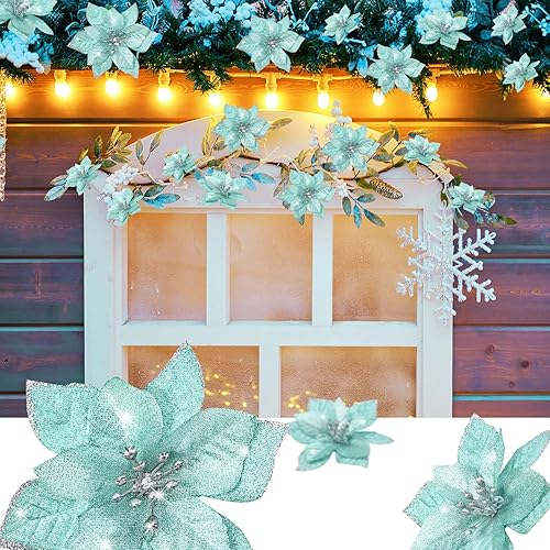 Miniatura 7 de 100 flores de Pascua artificiales de Navidad de 3 tamaños, con purpurina, flores de boda de imitación, adornos de decoración de Navidad para árbol