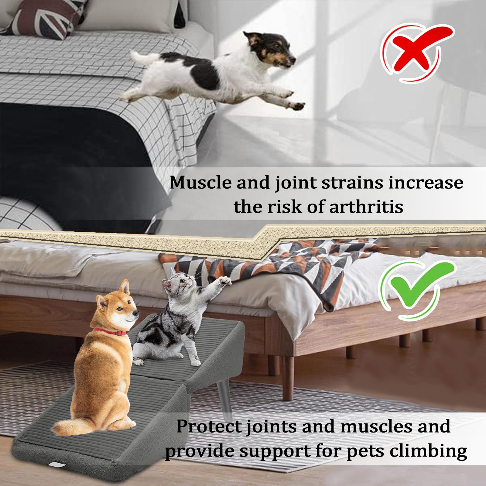 Scalini per Cani, Scaletta Pieghevole per Cani per Letto Divano Cane di Taglia Media e Grande, Rampa Antiscivolo Multifunzionale per Cani, Scaletta Resistente all'Usura per Cani di Piccola,Cachi