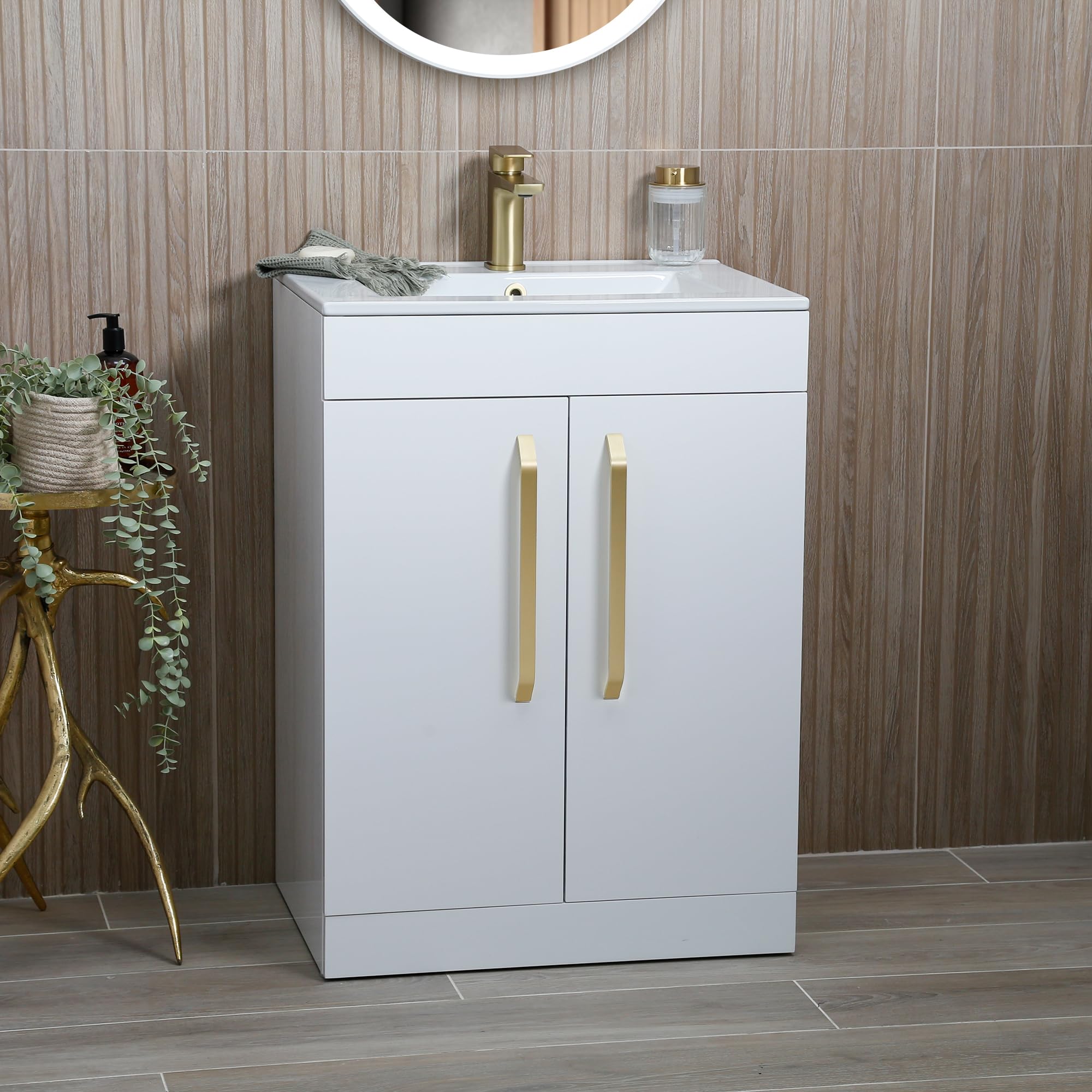 Valta 615mm White Vanity Unit Under Sink Bathroom Cabinet Fully Assembled Includes Ceramic Basin Sink Floor Standing with Gold Handles Gold Basin Tap & Pop Up Waste