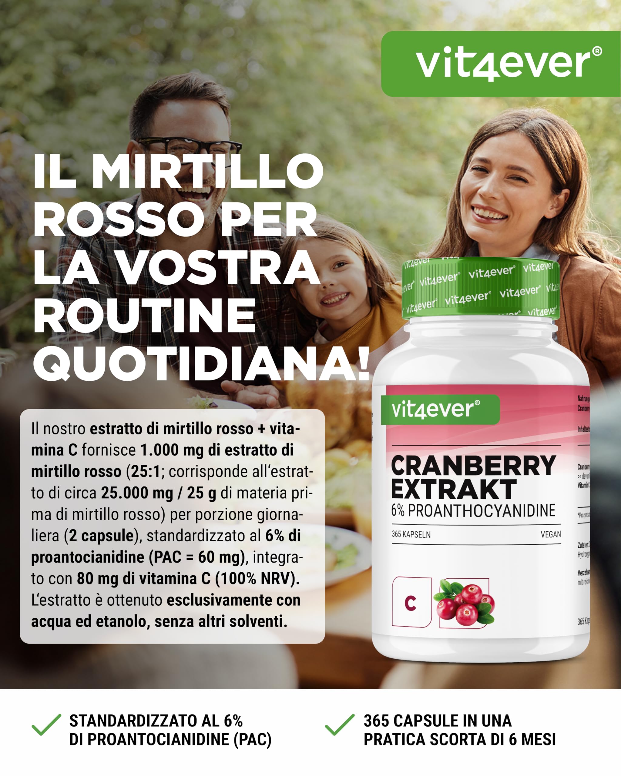 Estratto di mirtillo rosso + Vitamina C – 365 capsule di mirtillo rosso – Estratto 25:1, pari a 25.000 mg – 6% Proantocianidine – Ad alto dosaggio, senza additivi indesiderati, vegano
